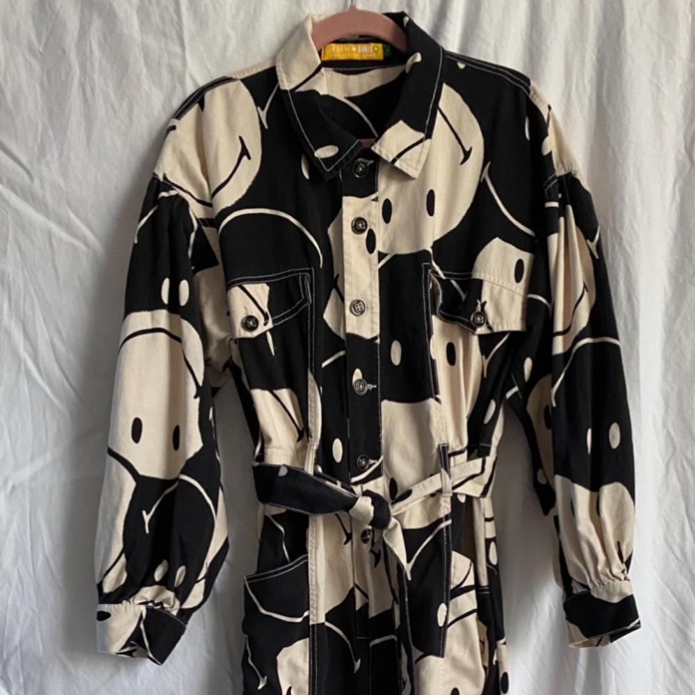 Farm Rio Smiley Black & White Denim Jumpsuit